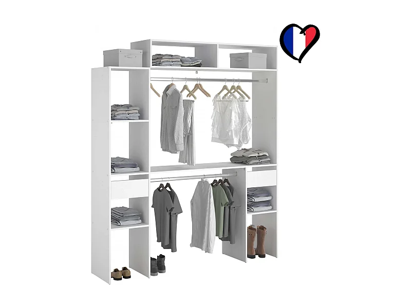 Elysée - Dressing blanc extensible avec 2 penderies, 4 étagères et 2 tiroirs