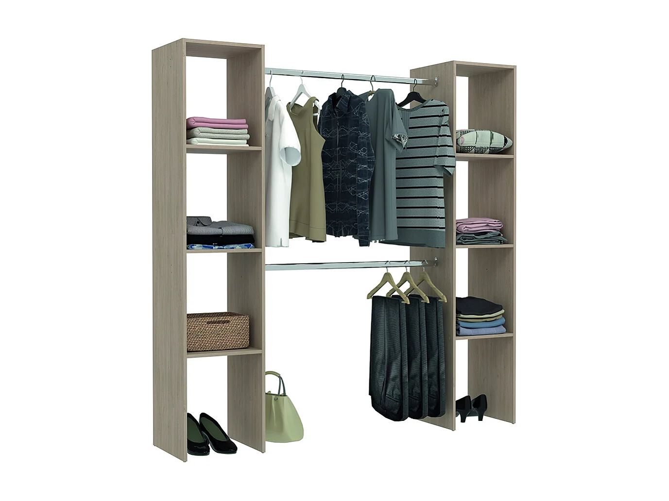 Kledingkast van hout met 6 planken en 2 kledingstangen 180x40x180 cm ELYSEE - Gemaakt in Frankrijk