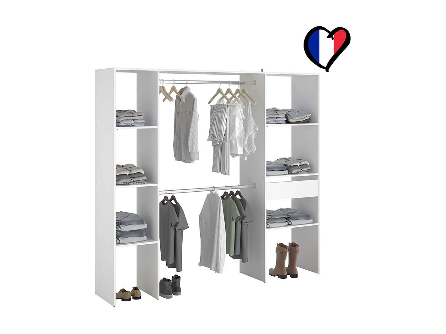 Dressing blanc 6 étagères, 1 tiroir, 2 penderies 198 x 40 x 180 cm ELYSEE