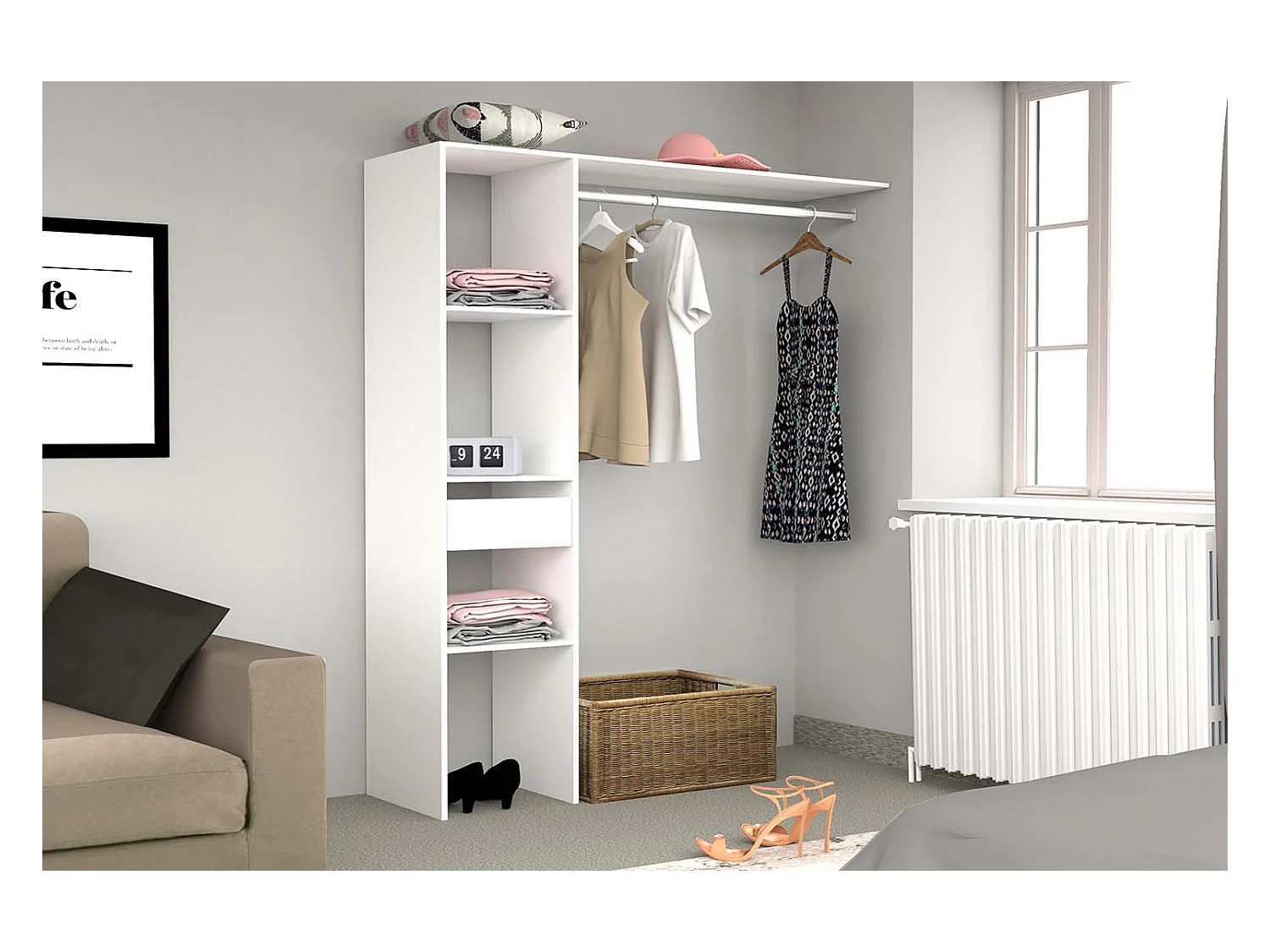Dressing blanc 3 étagères, 1 tiroir, penderie 138 x 40 x 180 cm ELYSEE