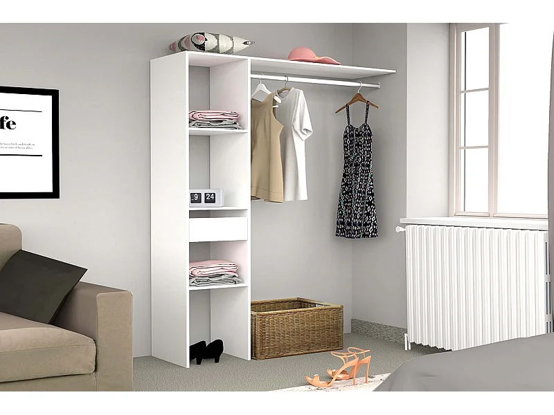 Guarda-Roupa Branco 138x40x180 com Prateleiras, Cabideiro e Gaveta - ELYSEE