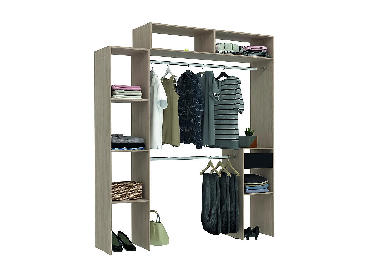 Dressing bois extensible avec 2 penderies, 4 étagères et 1 tiroir ELYSEE