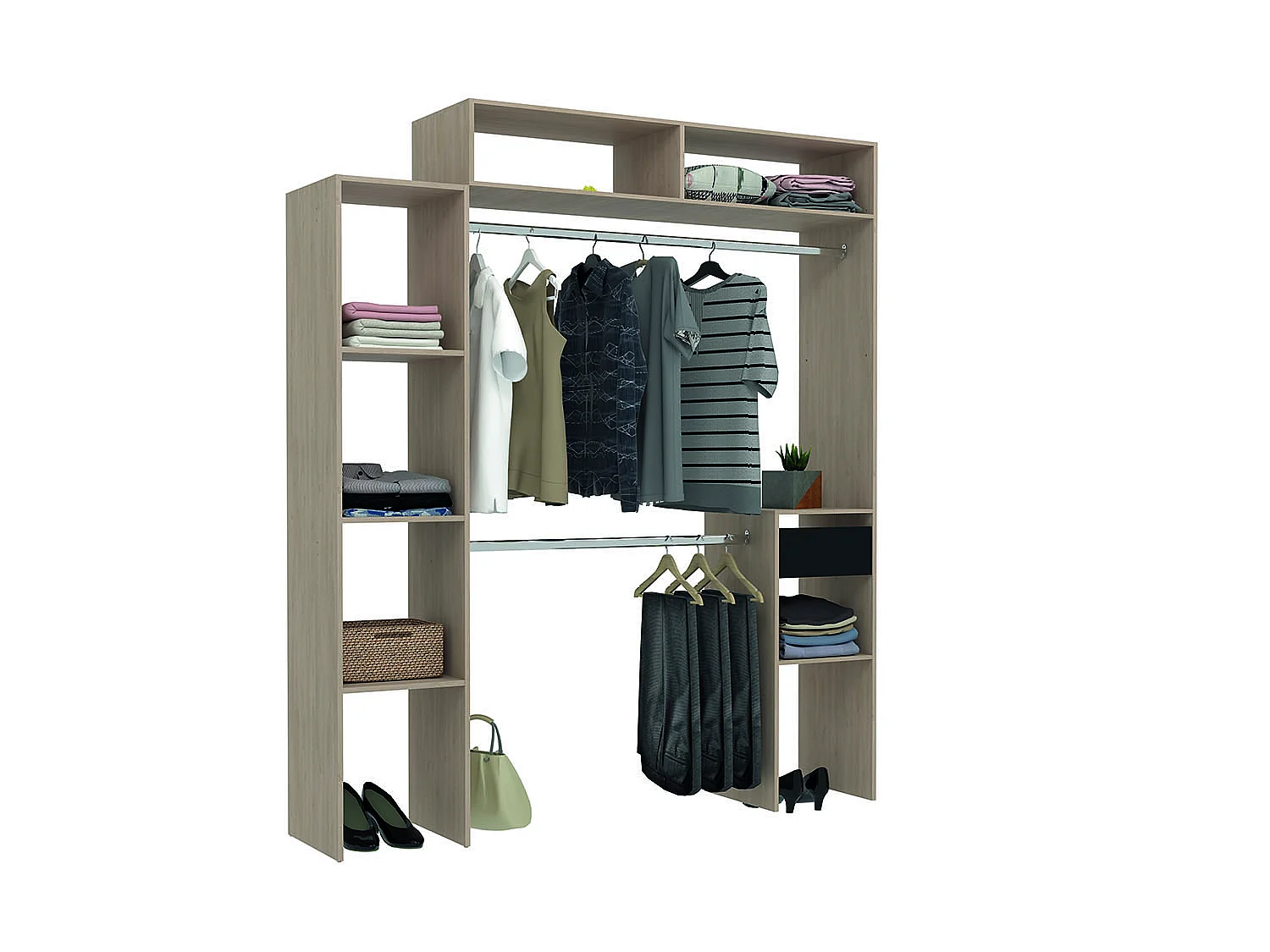 Dressing bois extensible avec 2 penderies, 4 étagères et 1 tiroir ELYSEE