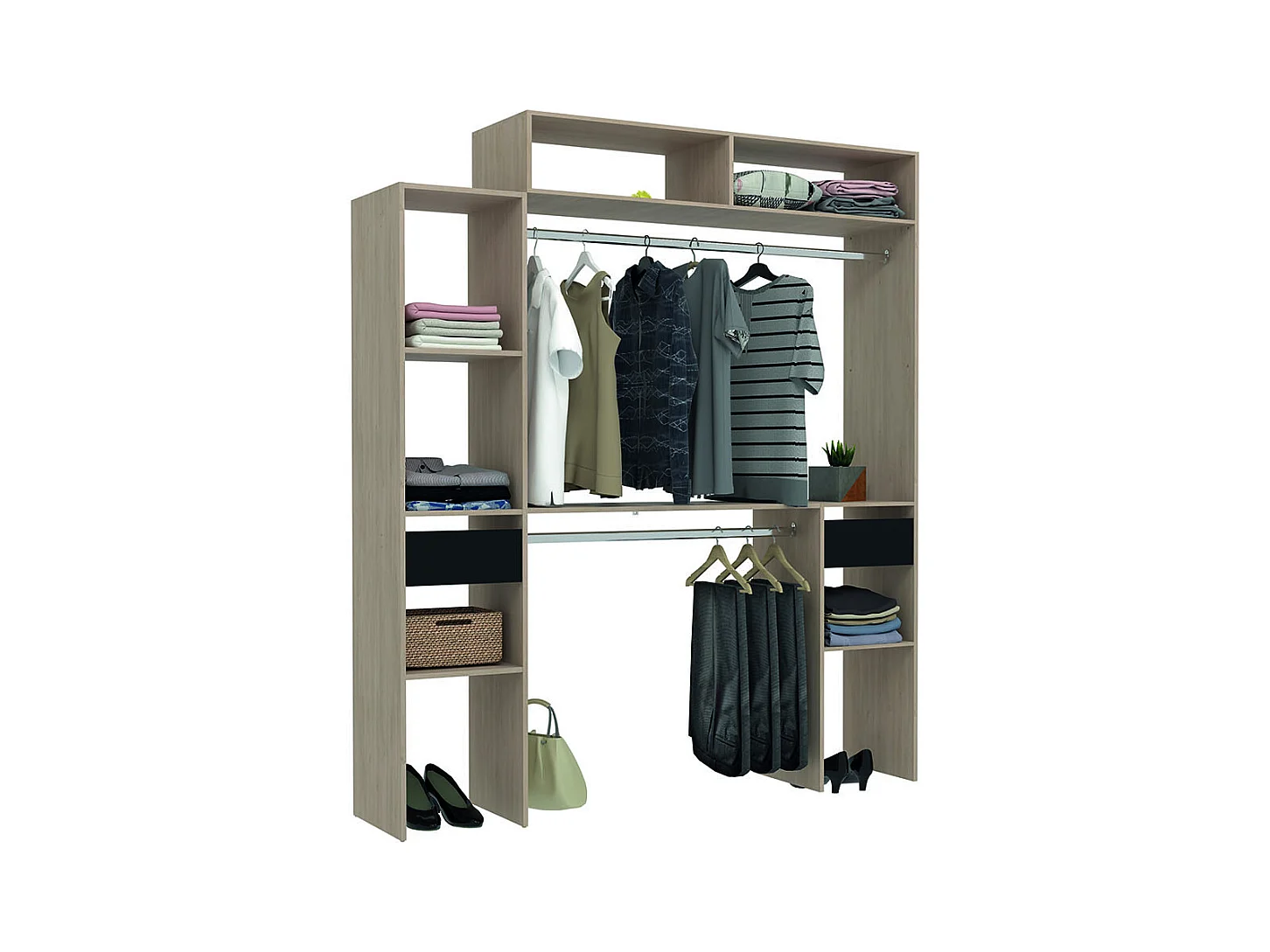 Dressing bois extensible avec 2 penderies, 4 étagères et 2 tiroirs ELYSEE