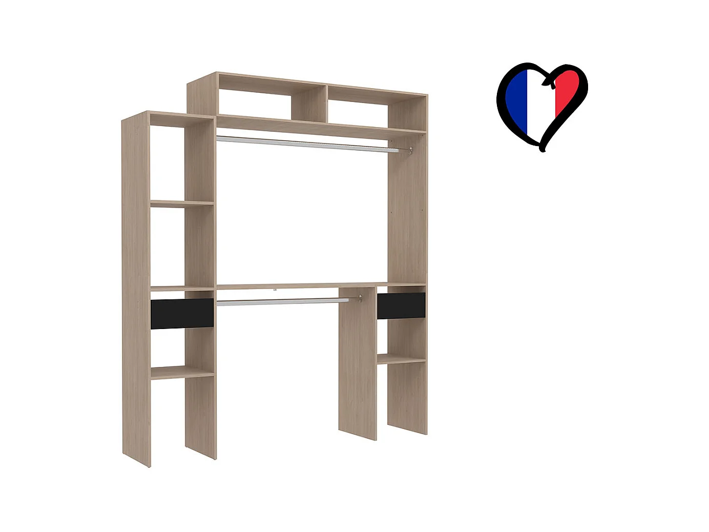 Dressing bois extensible avec 2 penderies, 4 étagères et 2 tiroirs ELYSEE