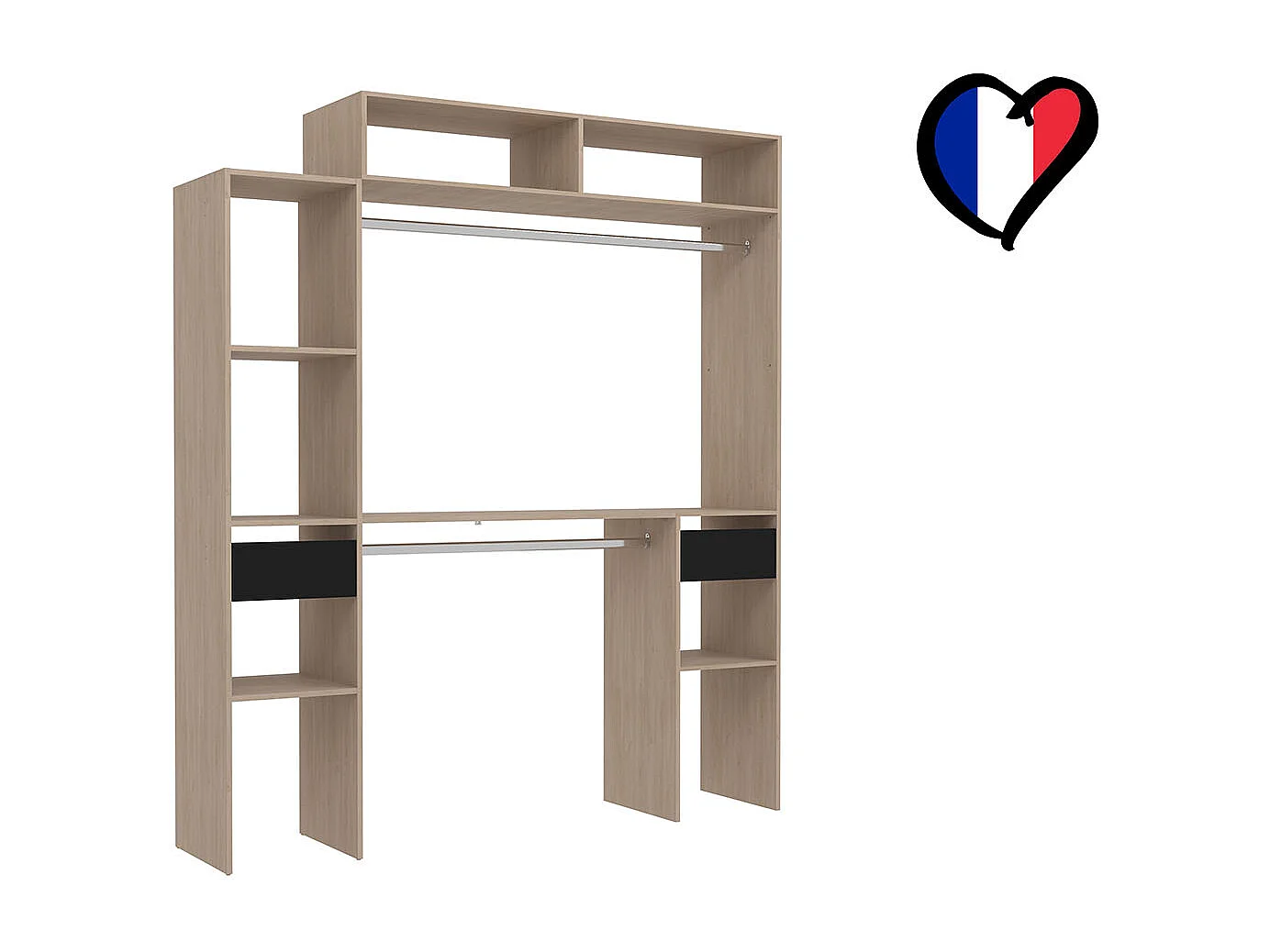 Dressing bois extensible avec 2 penderies, 4 étagères et 2 tiroirs ELYSEE