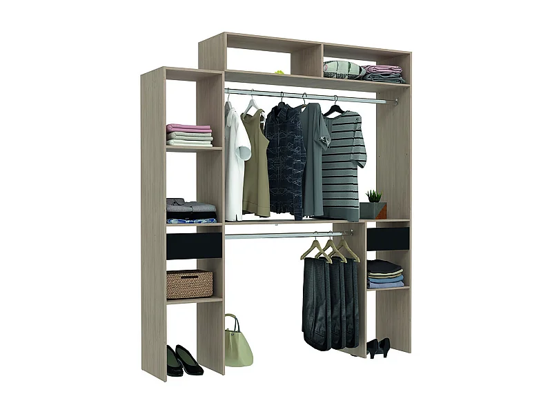 Dressing bois extensible avec 2 penderies, 4 étagères et 2 tiroirs ELYSEE