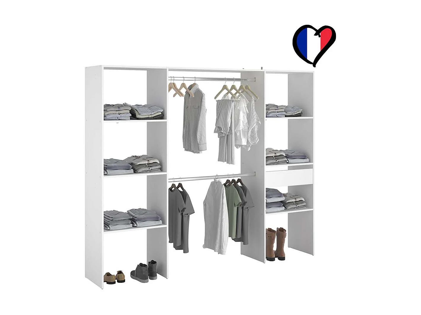 Dressing blanc 6 étagères, 1 tiroir, 2 penderies 220 x 40 x 180 cm ELYSEE