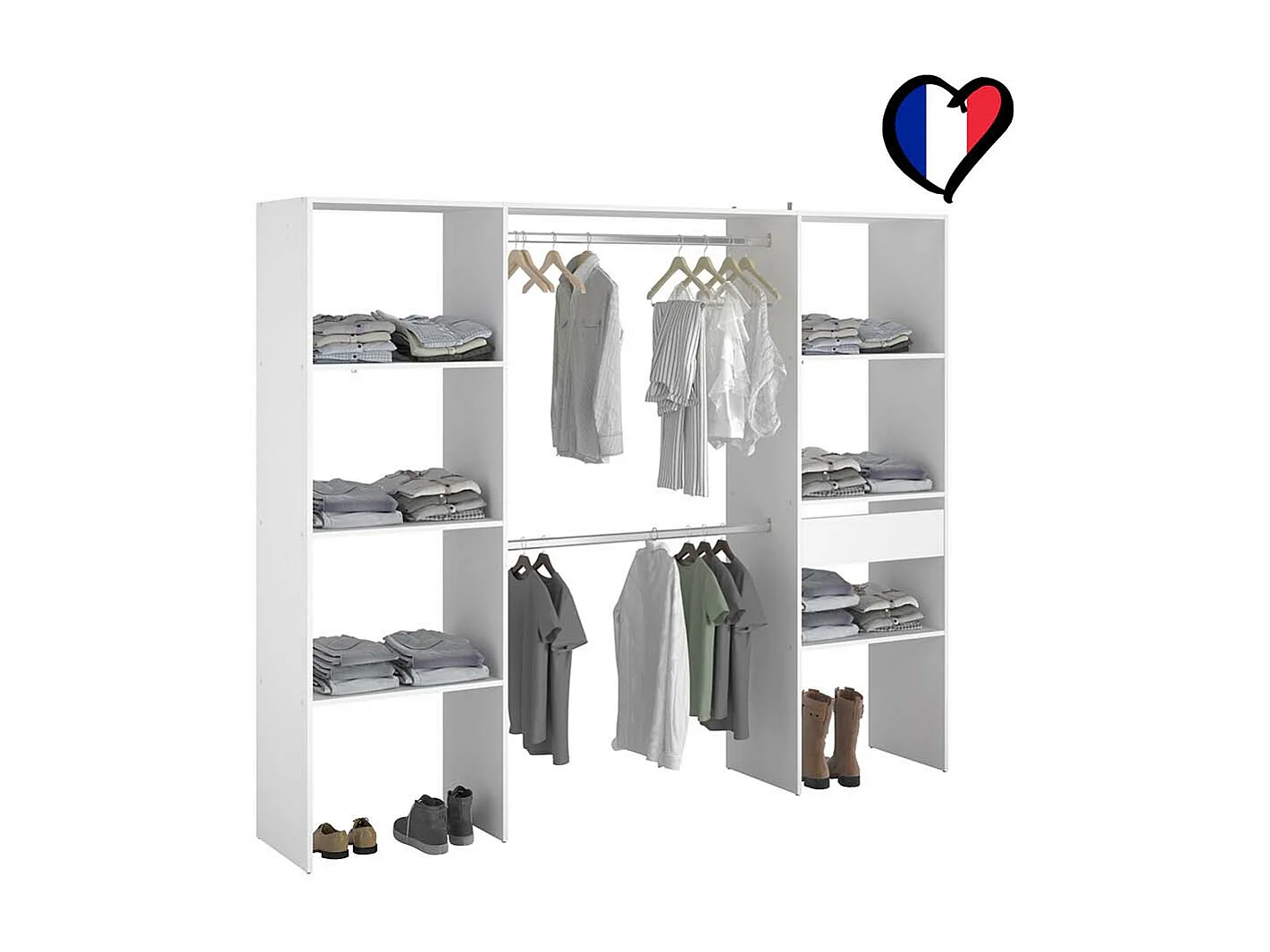 Dressing blanc 6 étagères, 1 tiroir, 2 penderies 220 x 40 x 180 cm ELYSEE