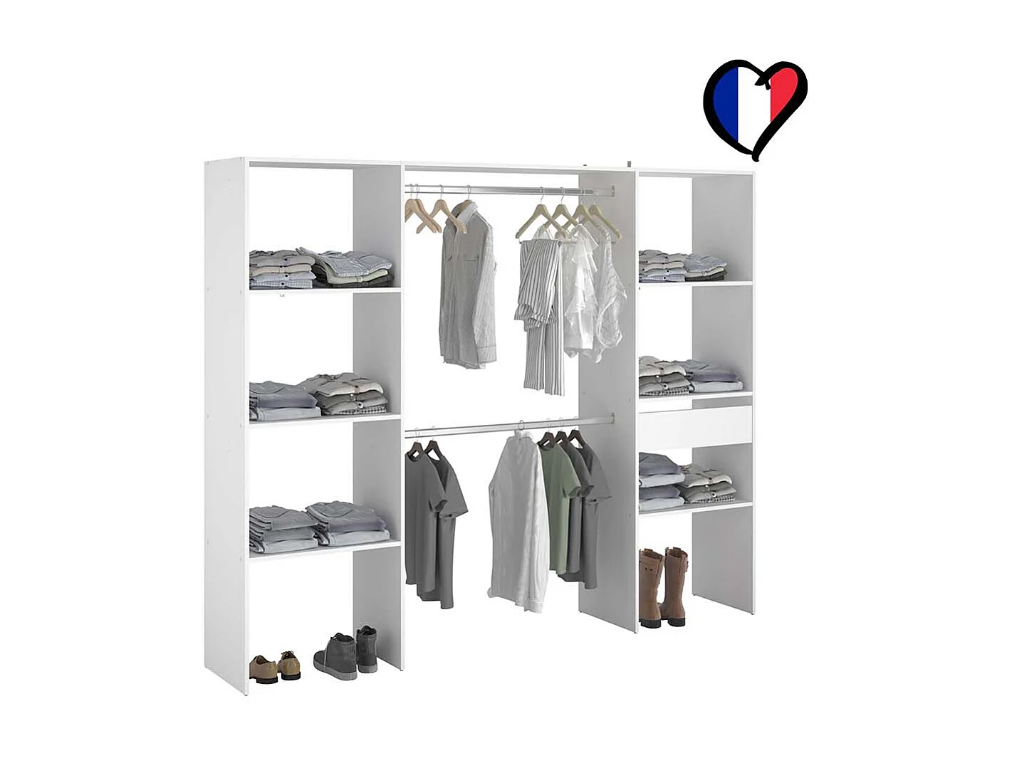 Dressing blanc 6 étagères, 1 tiroir, 2 penderies 220 x 40 x 180 cm ELYSEE