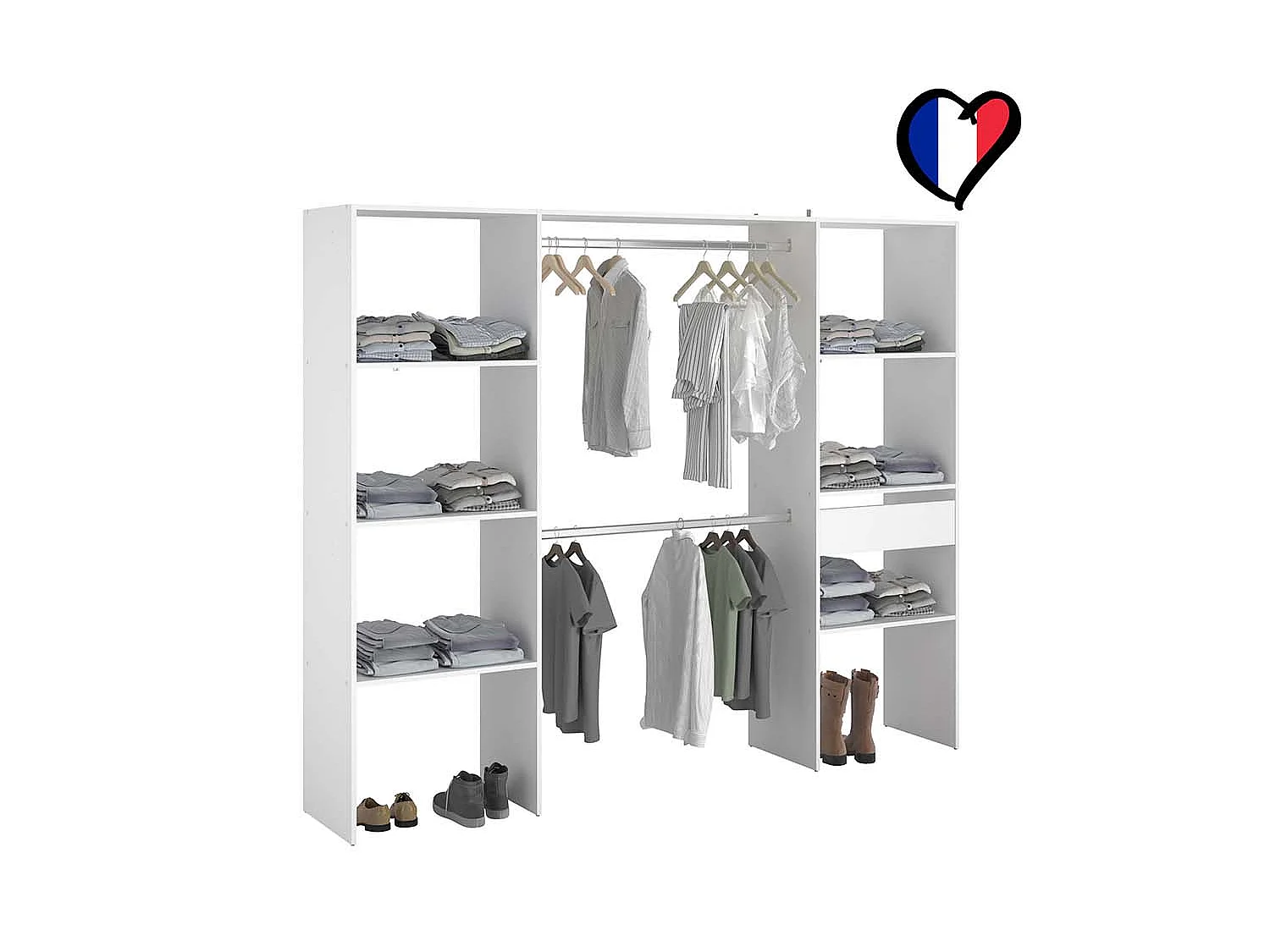Grote Witte Kledingkast 6 Planken 1 Lade 2 Kledingstangen 220x40x180 ELYSEE