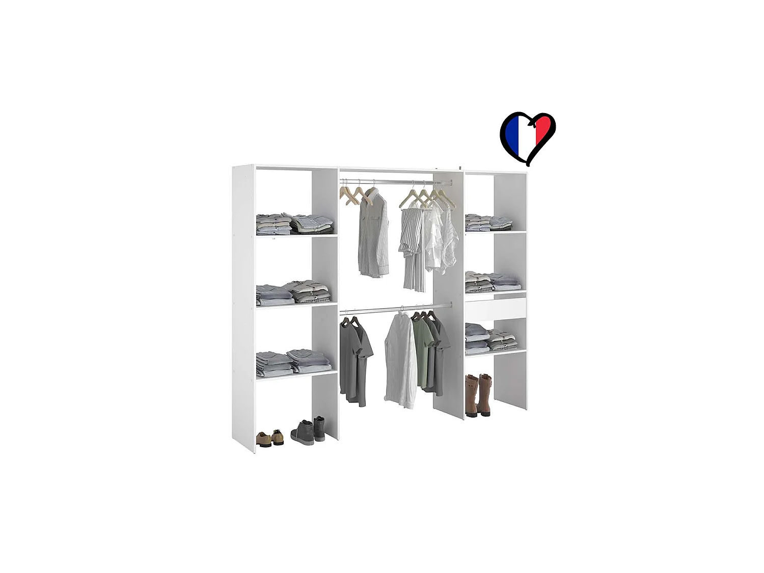 Grote Witte Kledingkast 6 Planken 1 Lade 2 Kledingstangen 220x40x180 ELYSEE