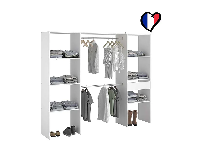 Grote Witte Kledingkast 6 Planken 1 Lade 2 Kledingstangen 220x40x180 ELYSEE
