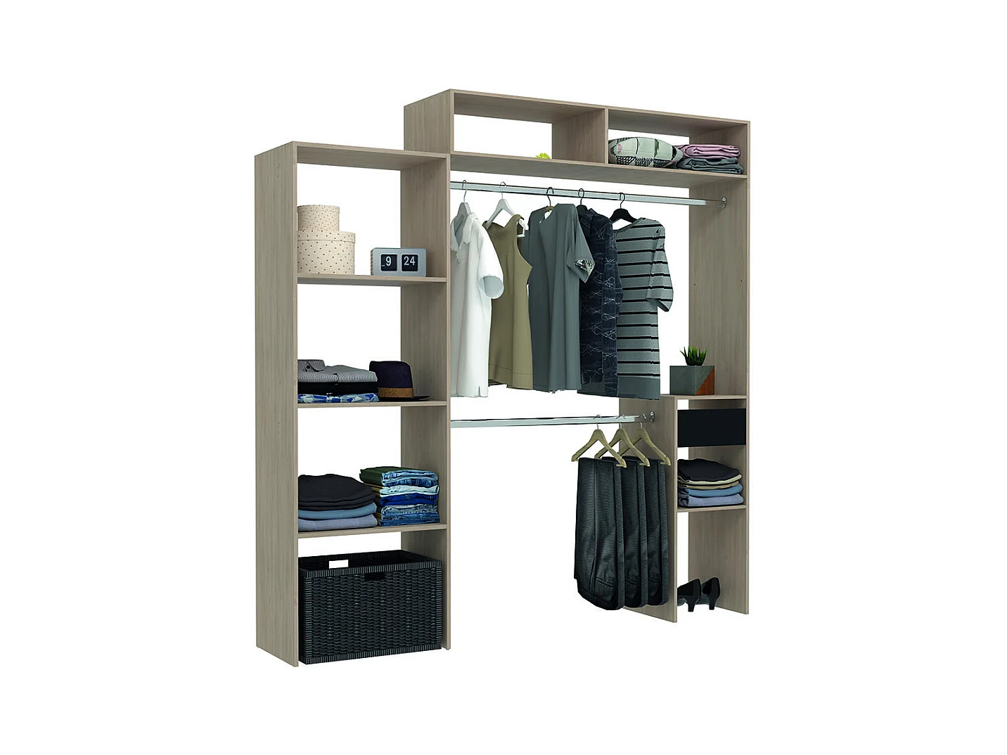 Dressing bois extensible avec penderie, étagères et tiroirs ELYSEE