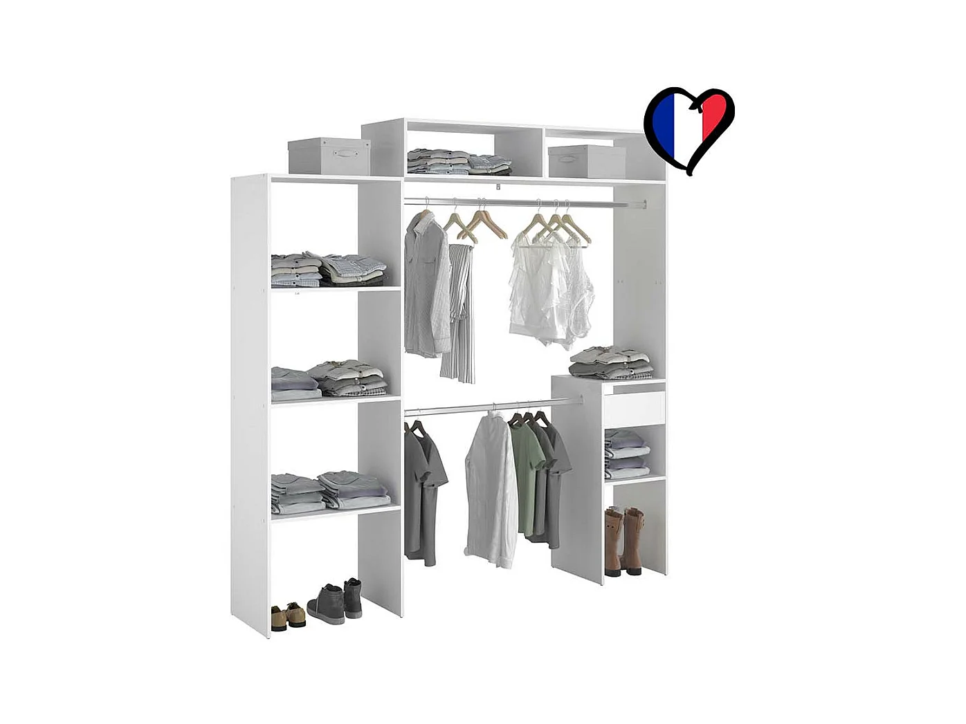 Dressing blanc extensible avec penderie, étagères et tiroirs ELYSEE