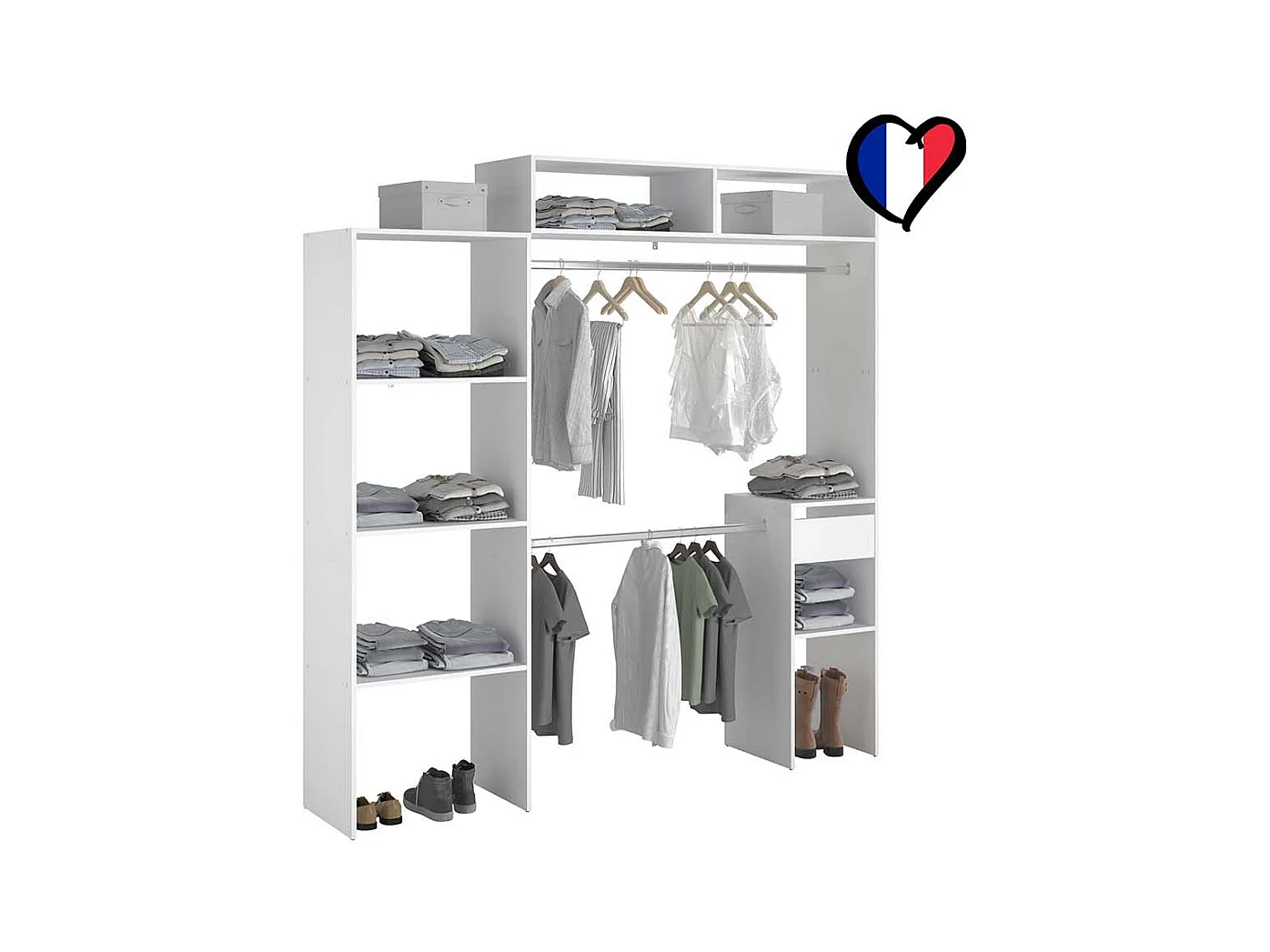 Dressing blanc extensible avec penderie, étagères et tiroirs ELYSEE