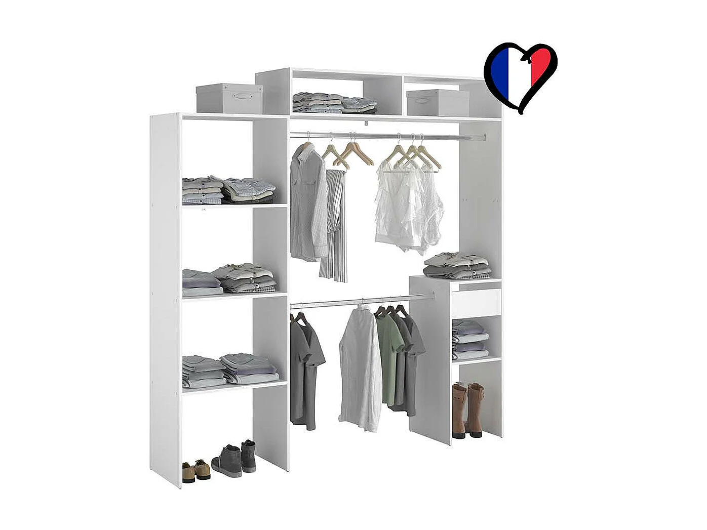 Dressing blanc extensible avec penderie, étagères et tiroirs ELYSEE