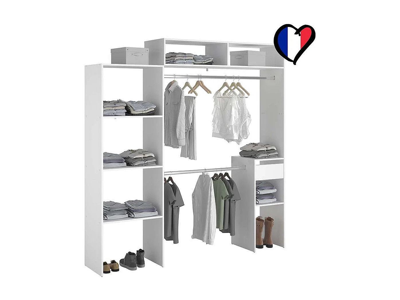 Dressing blanc extensible avec penderie, étagères et tiroirs ELYSEE