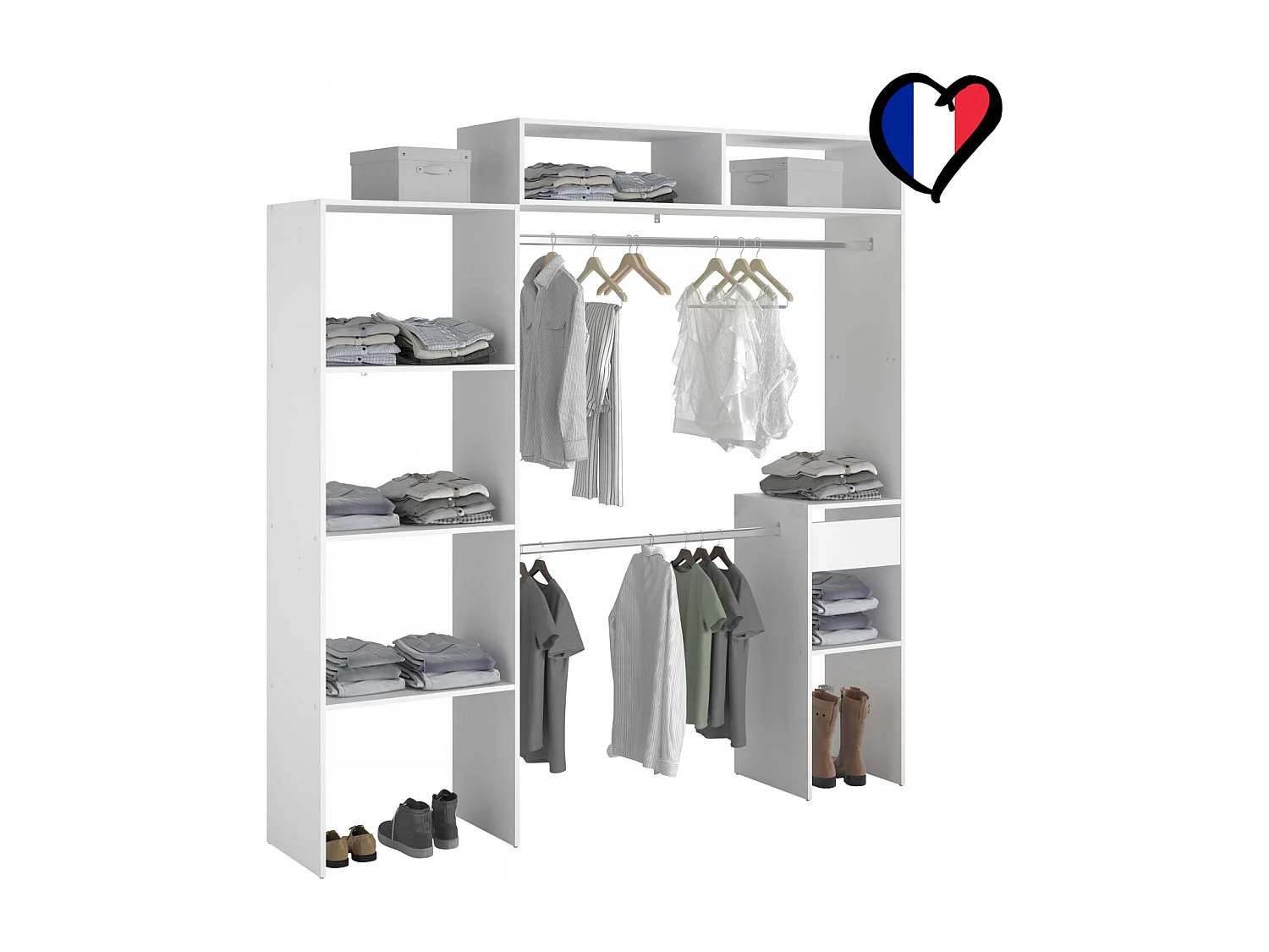 Elysée - Dressing blanc extensible avec penderie, étagères et tiroirs