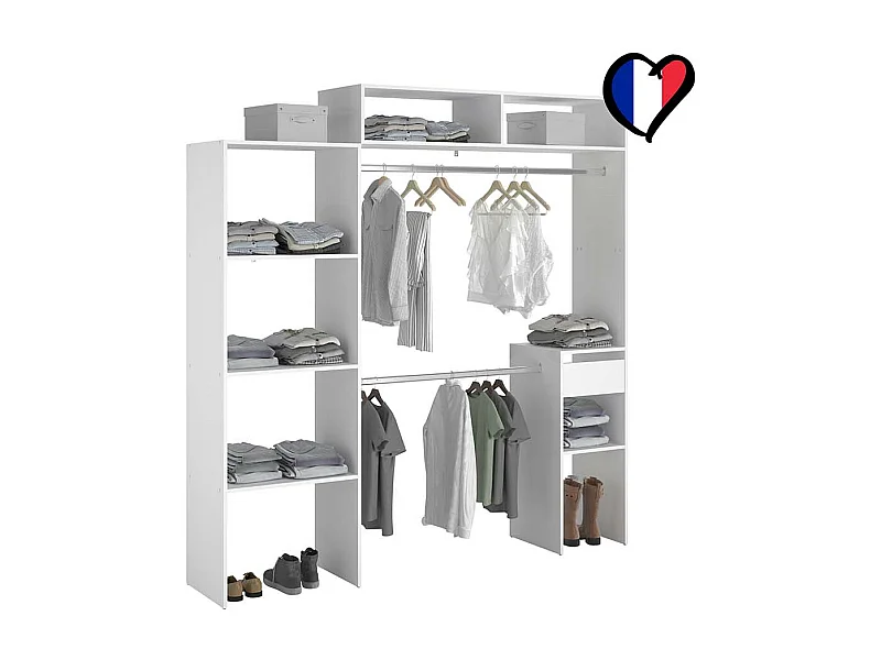 Uitschuifbare Witte Kledingkast met Stangen, Planken en Laden ELYSEE