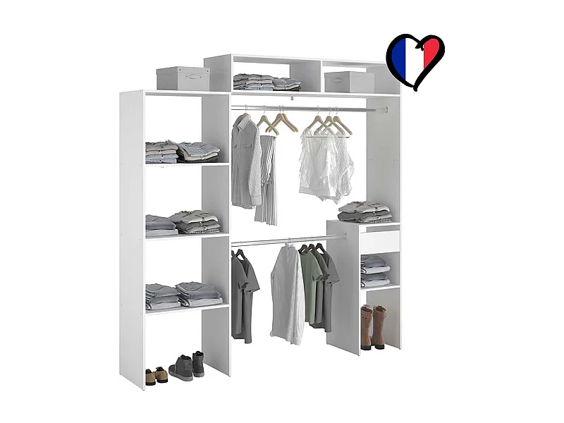Dressing blanc extensible avec penderie, étagères et tiroirs ELYSEE
