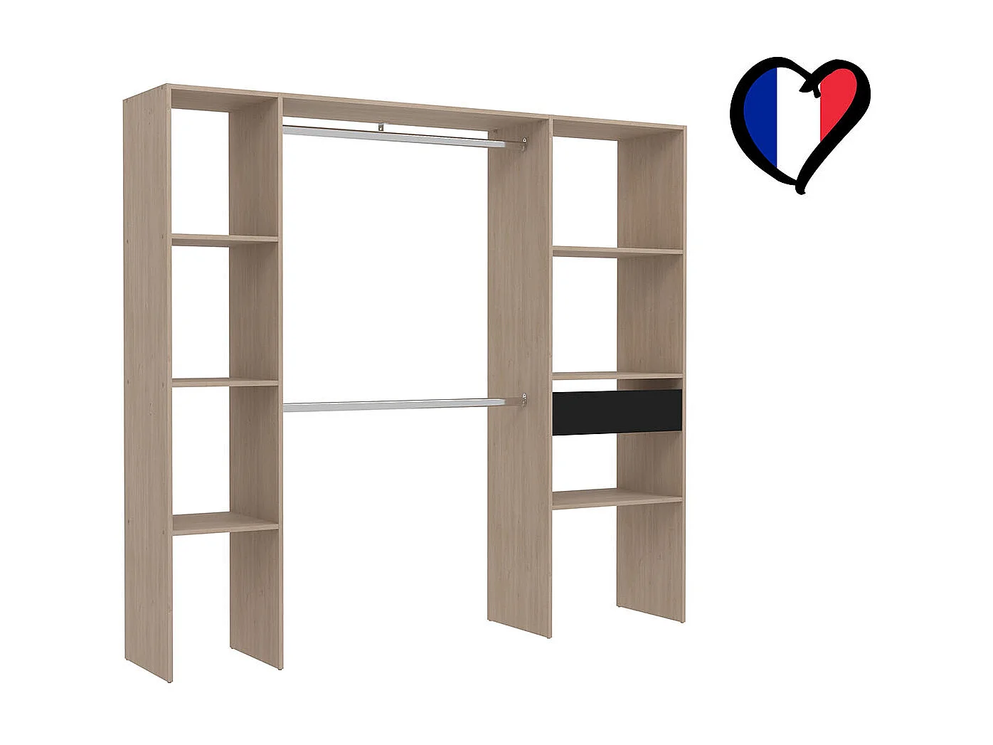 Kledingkast Bois 6 Planken 1 Lade 2 Kledingstangen ELYSEE 198x40x180 cm