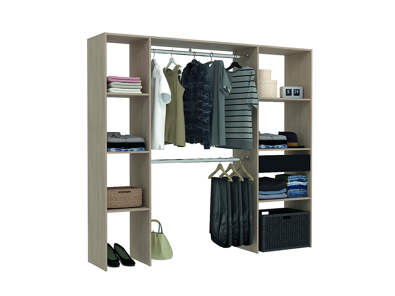 Kledingkast Bois 6 Planken 1 Lade 2 Kledingstangen ELYSEE 198x40x180 cm