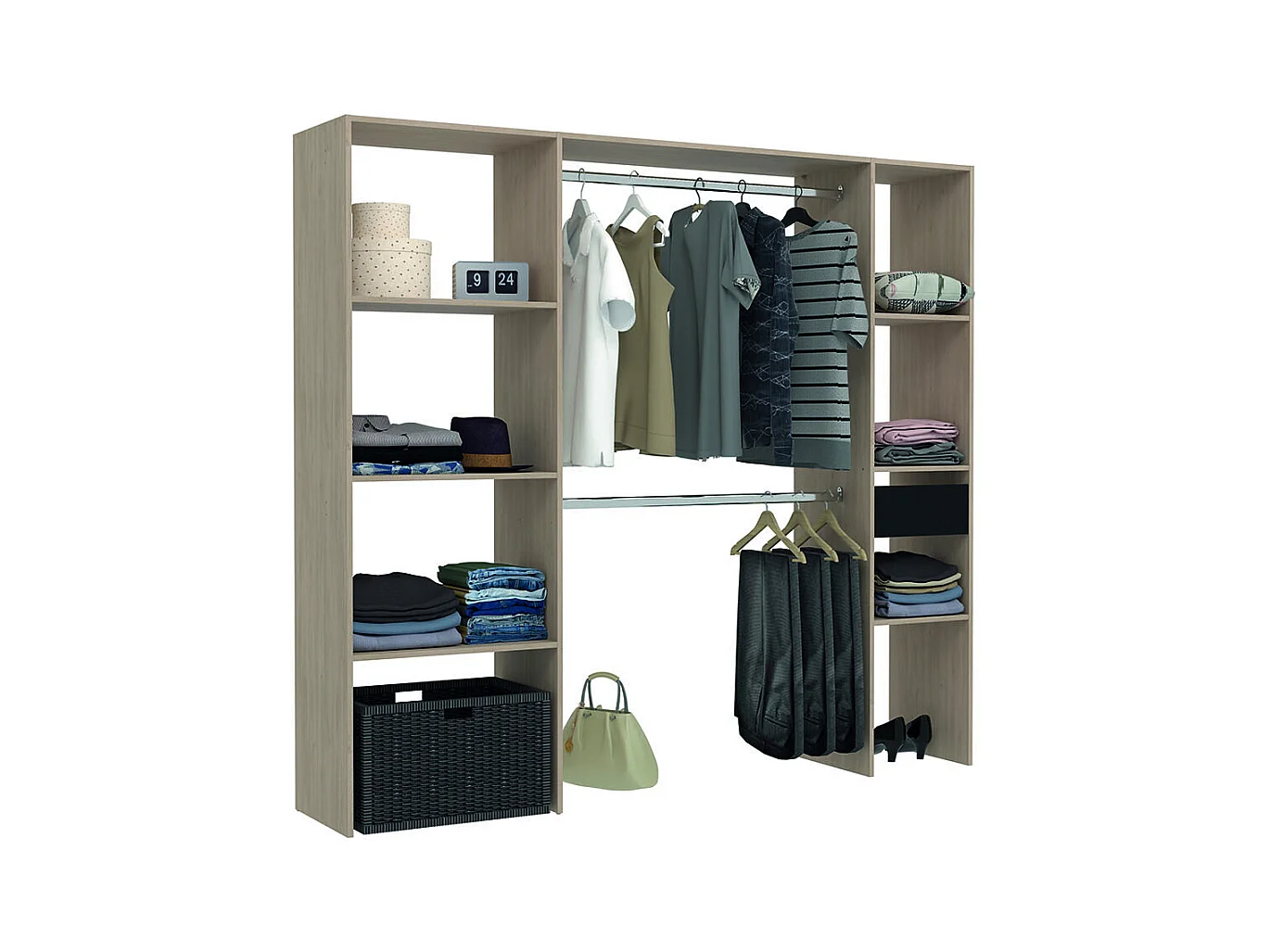 Dressing bois avec 6 étagères, 1 tiroir et 2 penderies : 198 x 40 x 180 cm ELYSEE