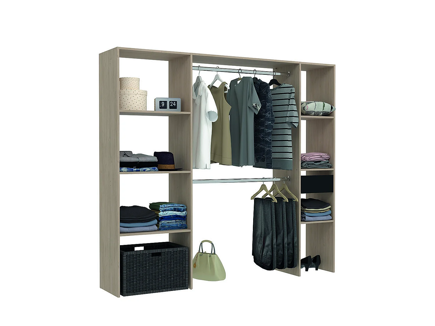 Grote Dressing Bois 6 Planken 1 Lade 2 Kledingstangen 198x180 cm ELYSEE