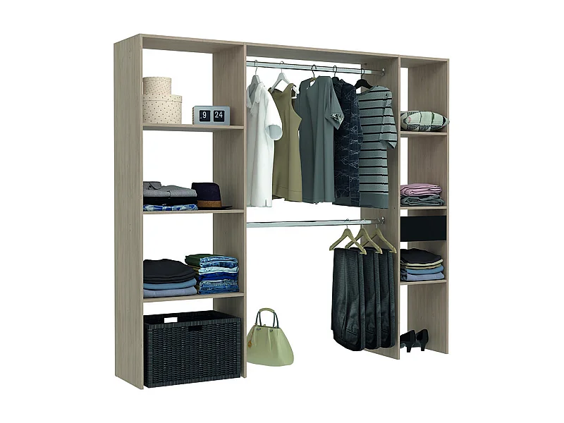 Dressing bois avec 6 étagères, 1 tiroir et 2 penderies : 198 x 40 x 180 cm ELYSEE