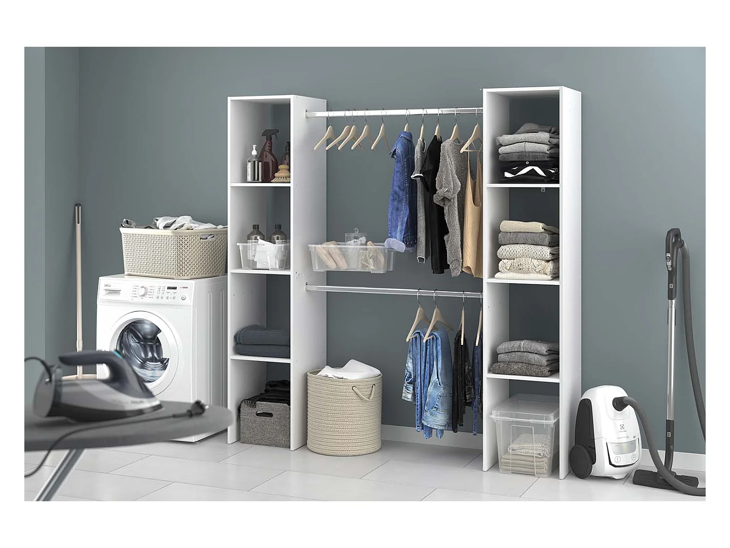 Kleiderschrank 6 Fächer, 2 Garderoben 180 x 40 x 180 cm, weiß ELYSEE