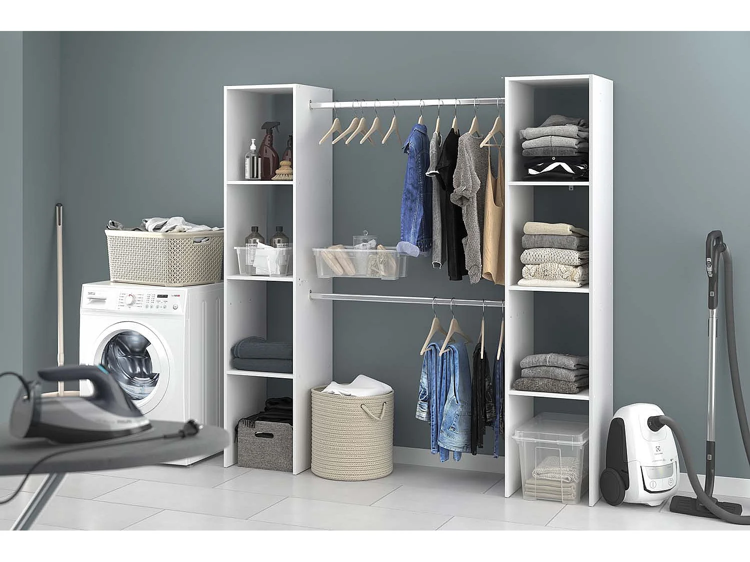 Witte Kledingkast 180x40x180 met Planken en Kledingstangen - Gemaakt in Frankrijk