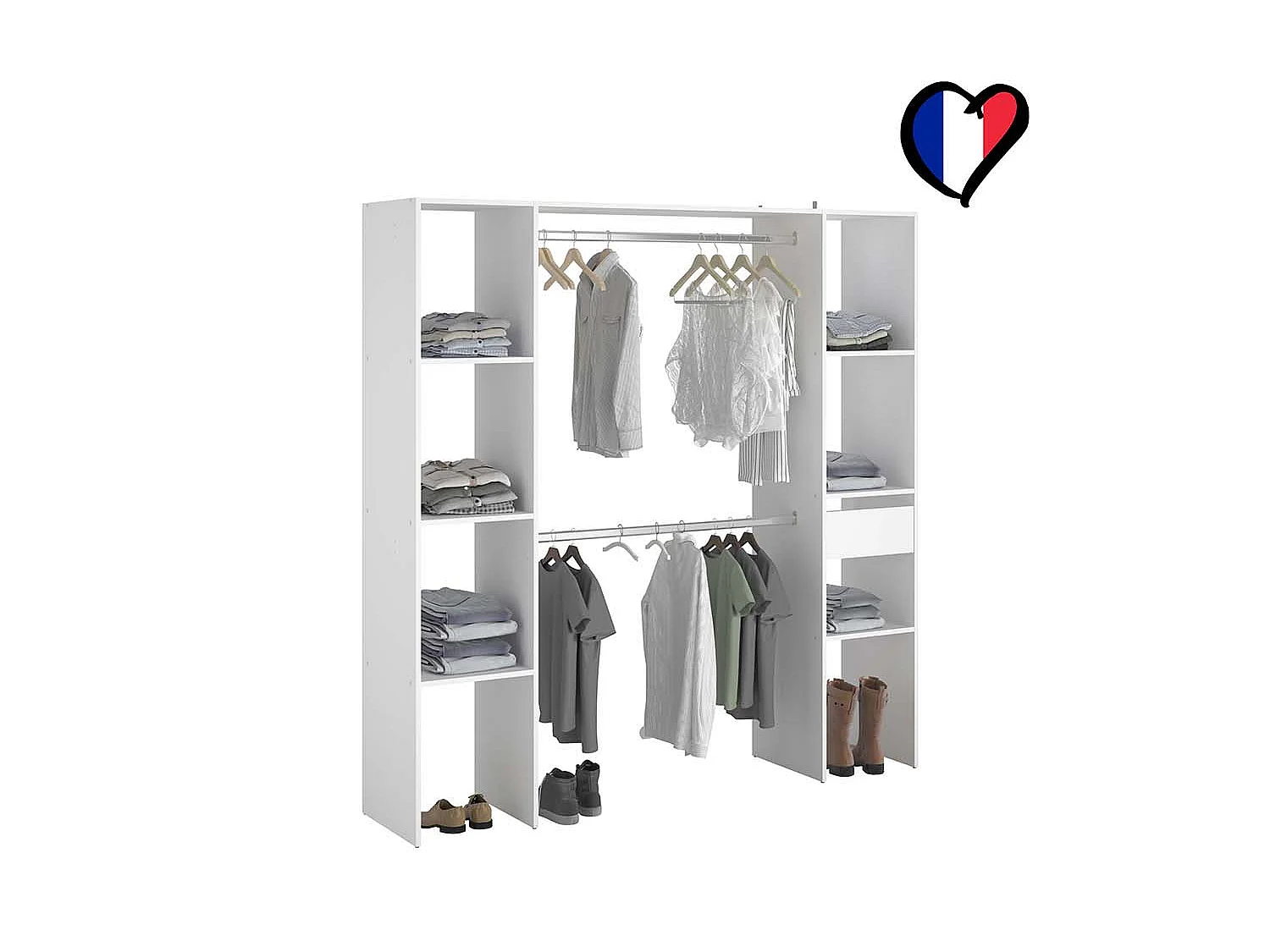Dressing blanc 6 étagères 1 tiroir 2 penderies 180 x 40 x 180 cm ELYSEE