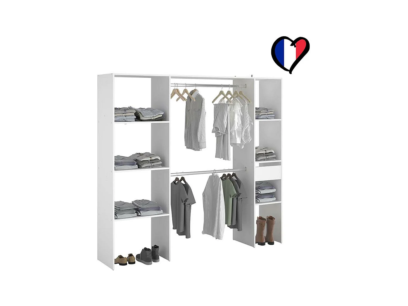 Dressing blanc 6 étagères, 1 tiroir, 2 penderies 198 x 40 x 180 cm ELYSEE