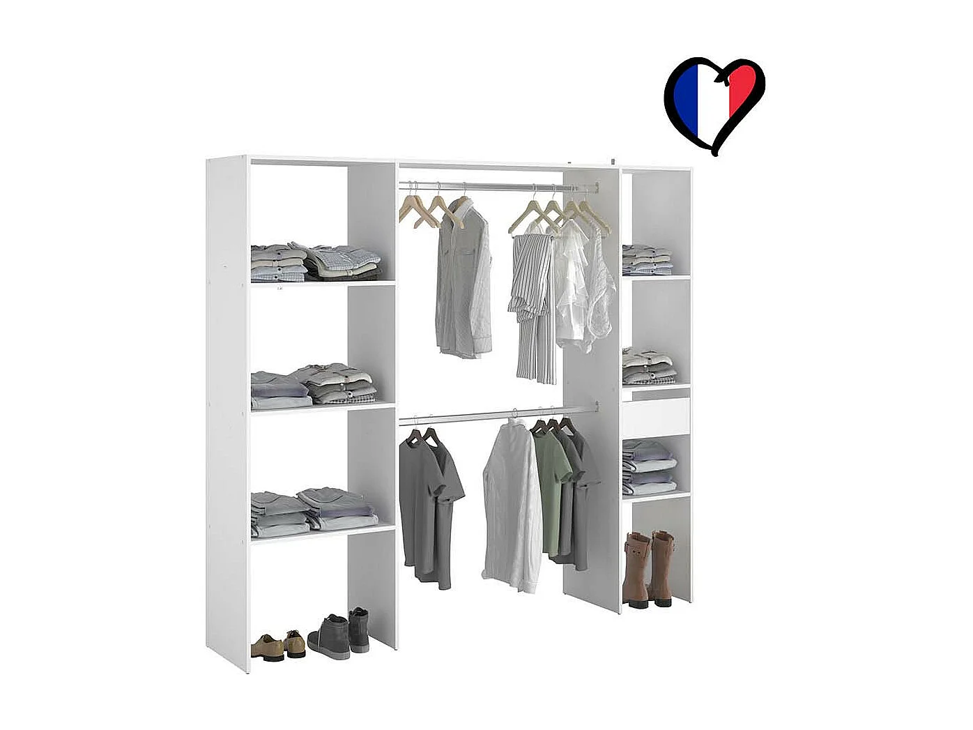 Dressing blanc 6 étagères, 1 tiroir, 2 penderies 198 x 40 x 180 cm ELYSEE