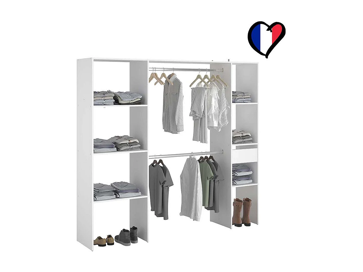 Dressing blanc 6 étagères, 1 tiroir, 2 penderies 198 x 40 x 180 cm ELYSEE