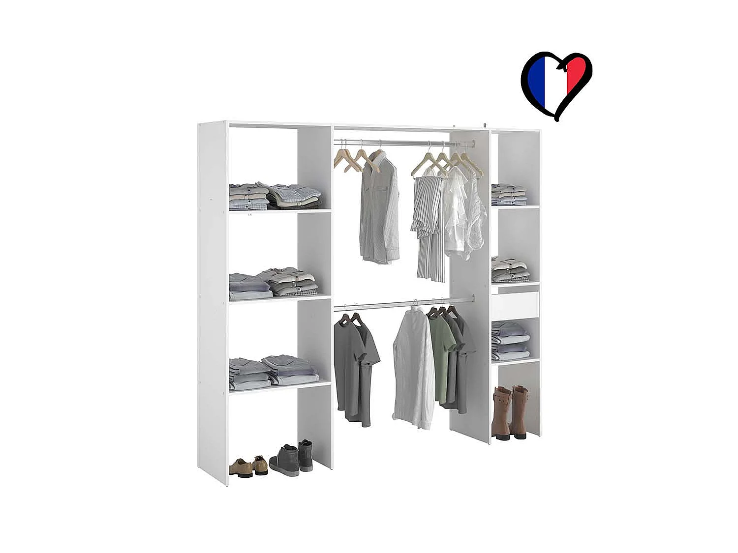 Dressing blanc 6 étagères, 1 tiroir, 2 penderies 198 x 40 x 180 cm ELYSEE