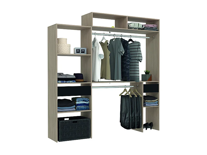 Dressing bois extensible avec 2 penderies, 4 étagères et 1 tiroir ELYSEE