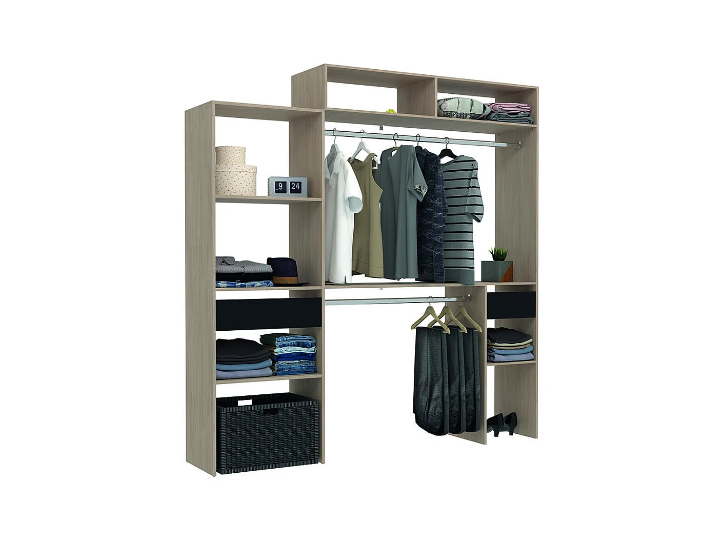 Dressing bois extensible avec 2 penderies, 4 étagères et 1 tiroir ELYSEE