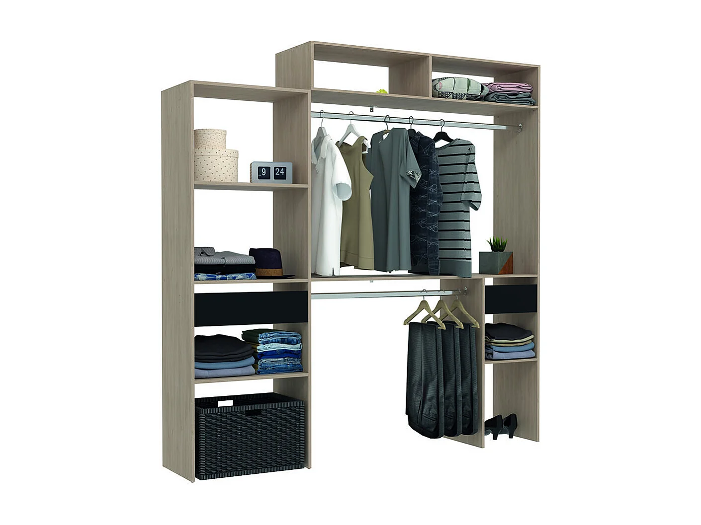 Dressing bois extensible avec 2 penderies, 4 étagères et 1 tiroir ELYSEE