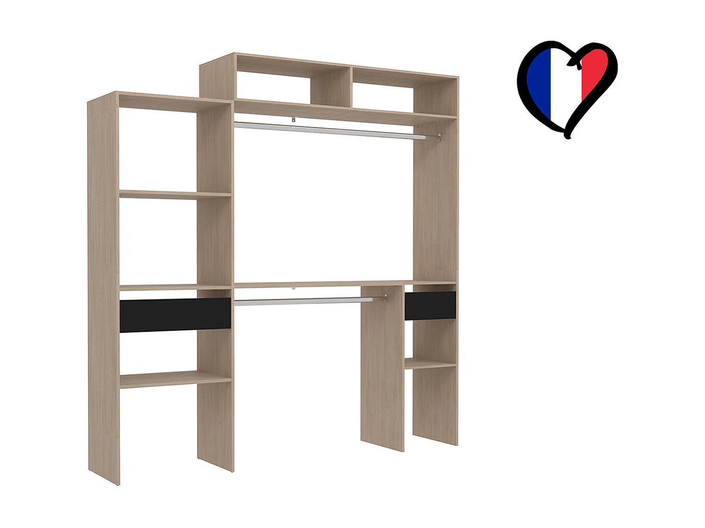 Dressing bois extensible avec 2 penderies, 4 étagères et 1 tiroir ELYSEE