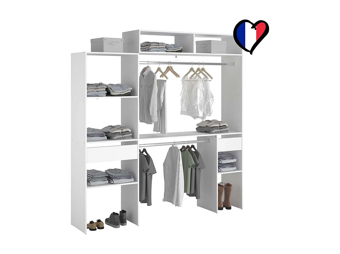 Dressing blanc extensible avec 2 penderies, 4 étagères et un tiroir ELYSEE