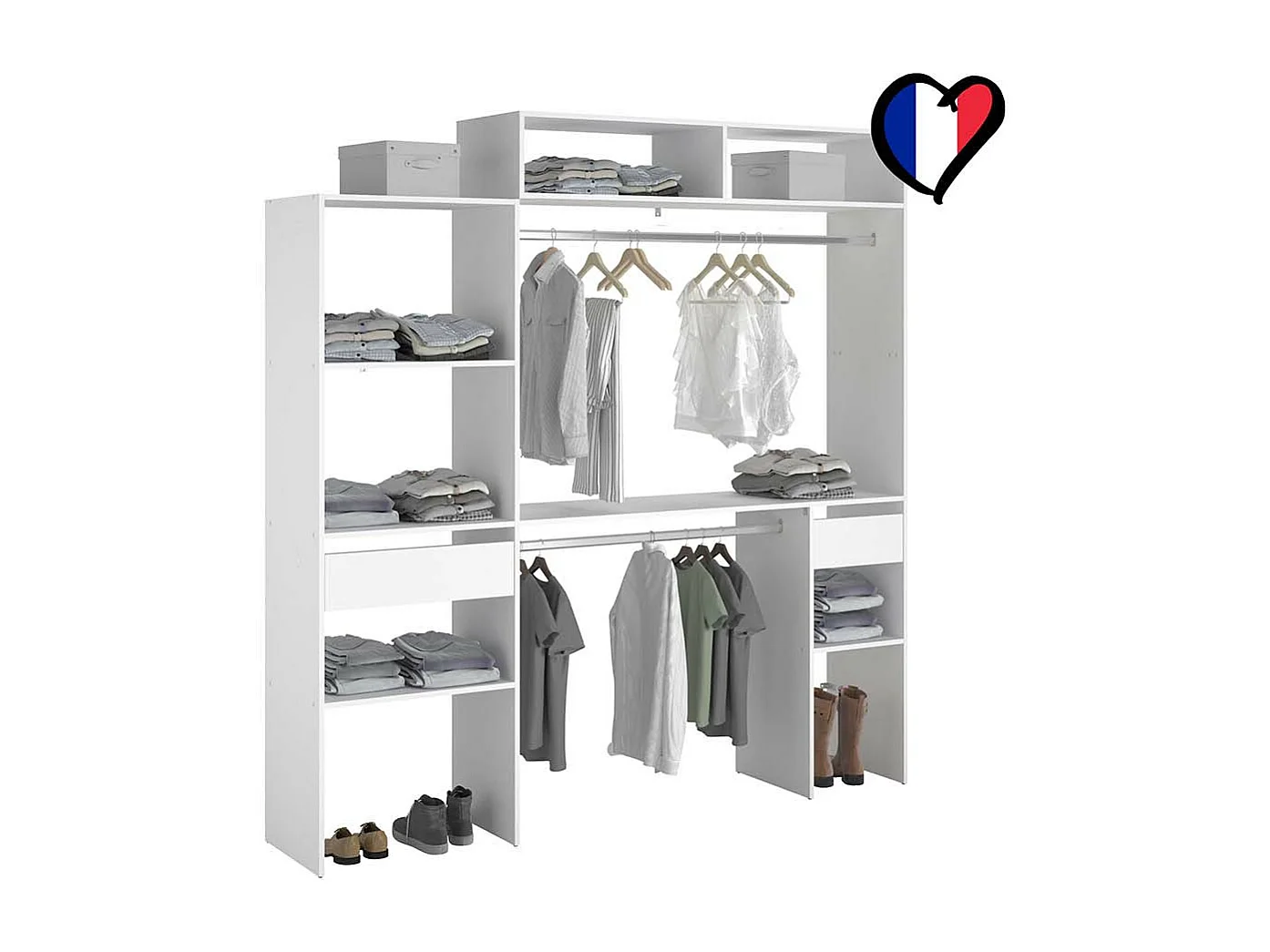 Dressing blanc extensible avec 2 penderies, 4 étagères et un tiroir ELYSEE