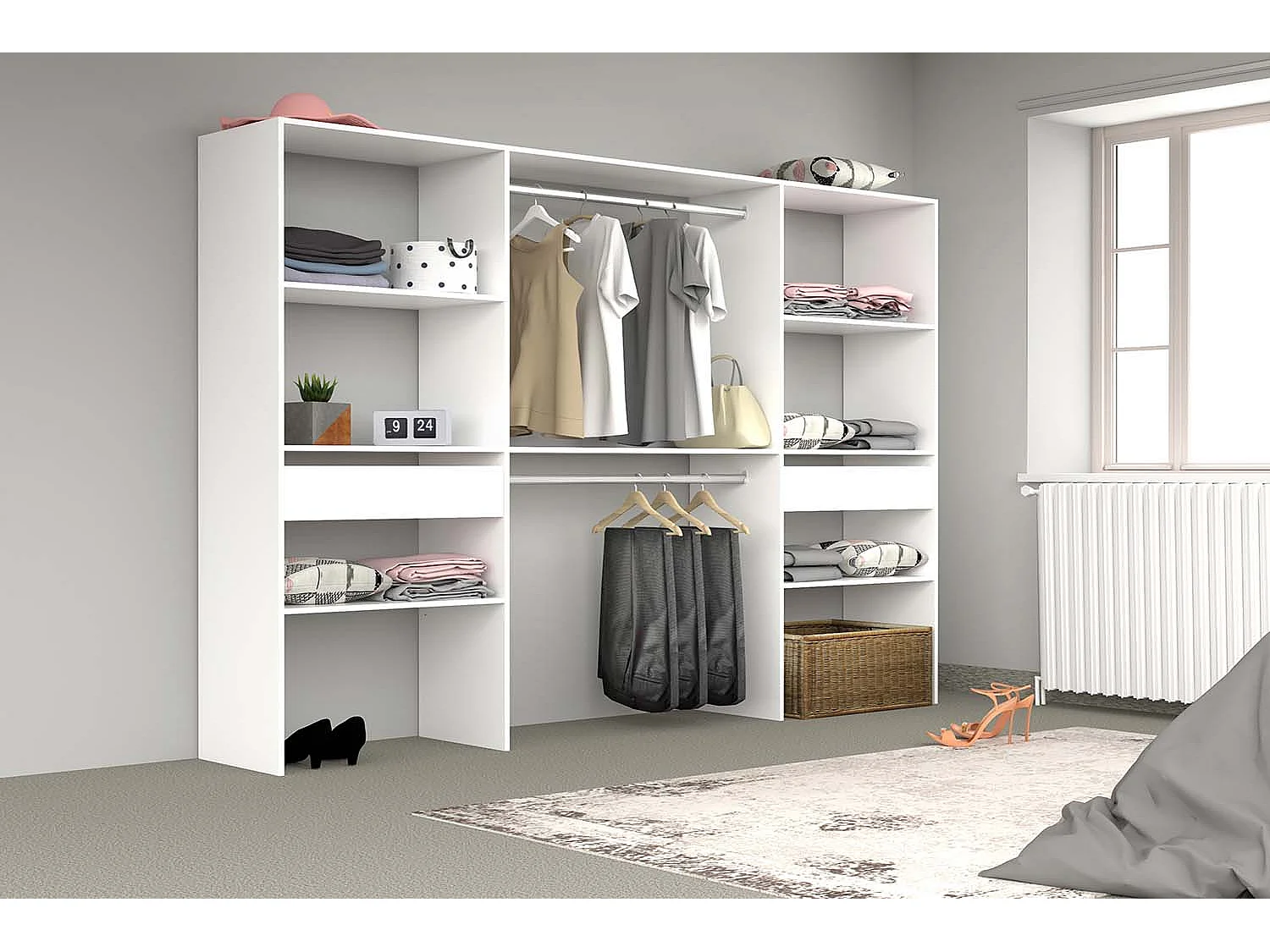 Witte Kledingkast 6 Planken 2 Stangen 2 Laden ELYSEE