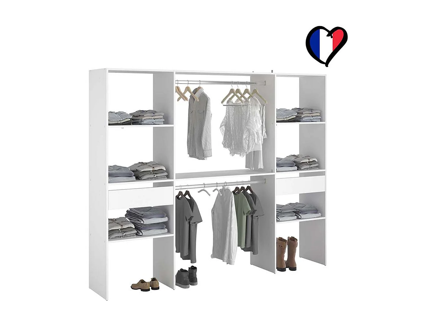 Grand dressing blanc avec 2 penderies, 6 étagères et 2 tiroirs ELYSEE