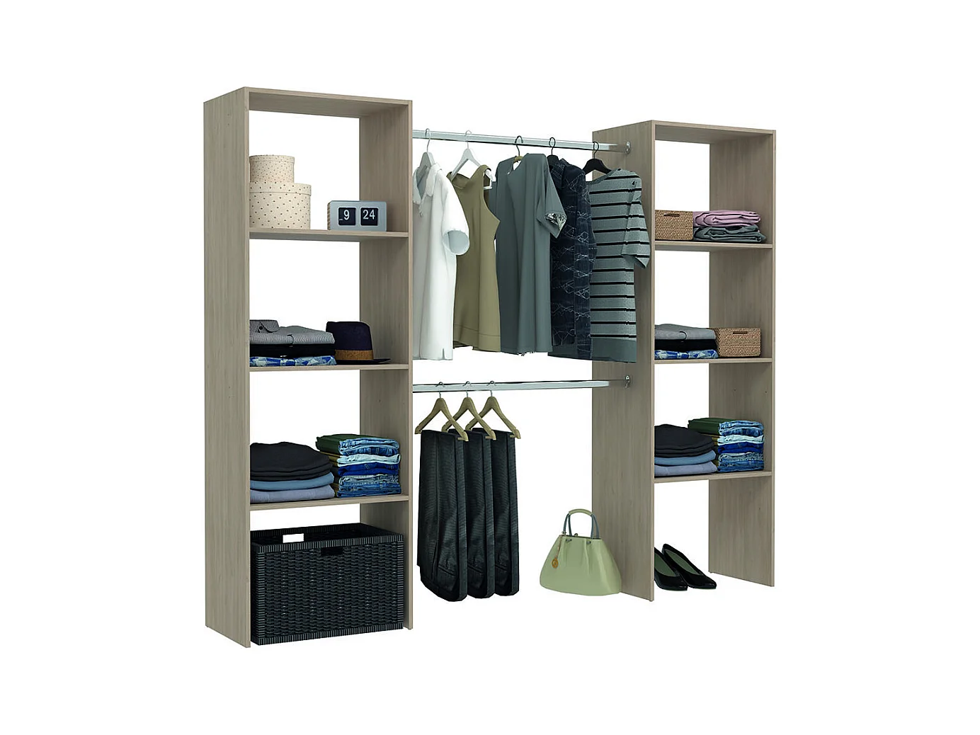 Dressing bois avec 6 étagères et 2 penderies : 220 x 40 x 180 cm ELYSEE