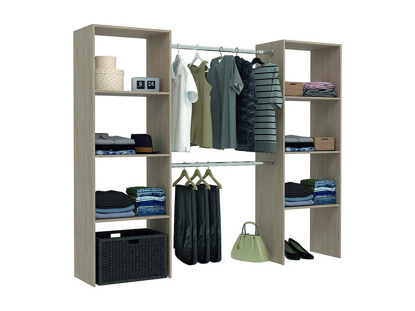 Kleiderschrank mit 6 Fächern und 2 Garderoben: ‌220 x 40 x 180 cm ELYSEE