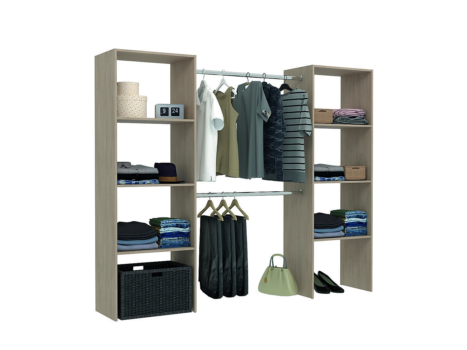 Grote Houten Kledingkast met 6 Planken en 2 Kledingstangen 220x40x180 cm ELYSEE