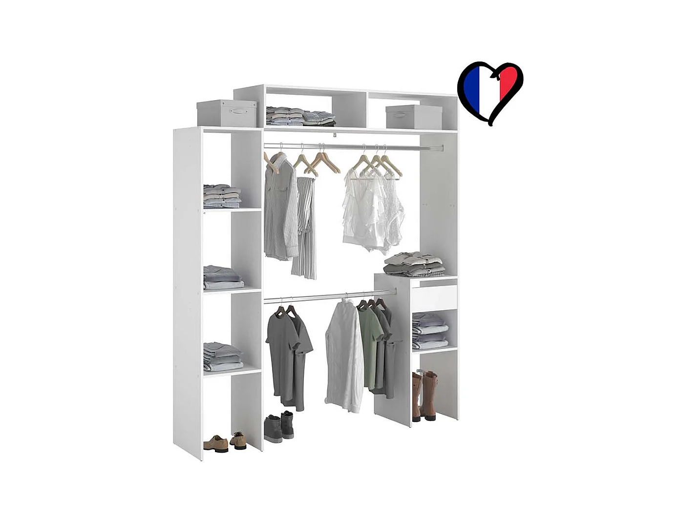 Dressing blanc extensible avec 2 penderies, 4 étagères et 1 tiroir ELYSEE