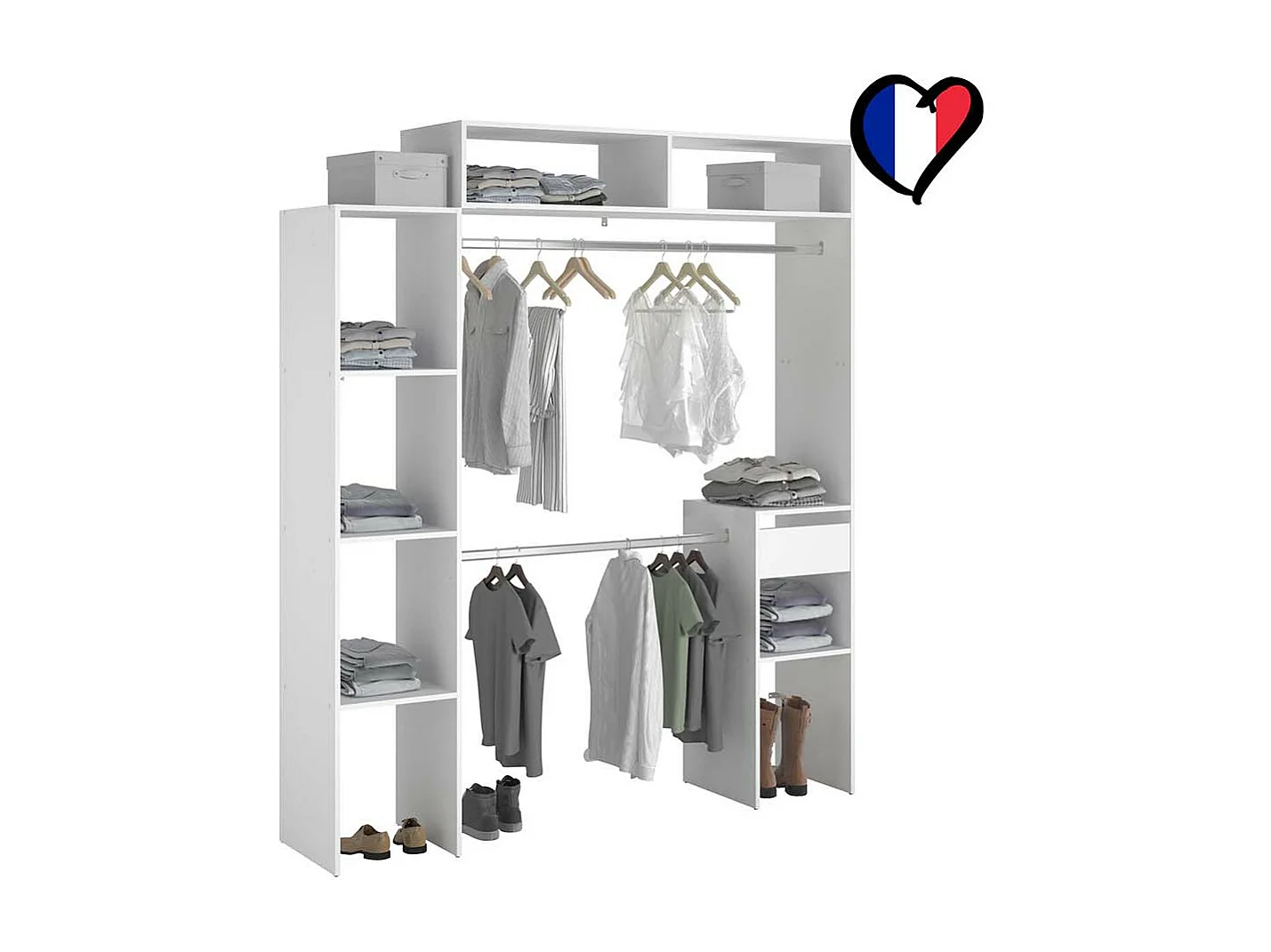 Uitschuifbare Witte Kledingkast met Planken, Stangen, Lade ELYSEE - Gemaakt in Frankrijk